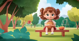 a little girl sitting on top of a bench in a park