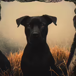 a black dog looking out from a window in a field