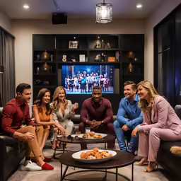 group of people sitting around a television and eating
