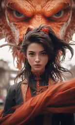 a woman is wearing red scarf and an orange monster