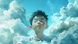the young boy is sleeping on the clouds,a young boy lying on a cloud covered ground