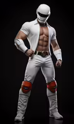 a white man in a white outfit and orange and black gloves with one leg bent
