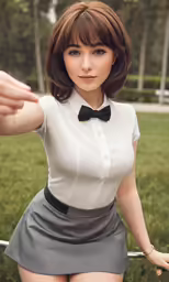 a japanese woman is posing in a short dress with a bow tie