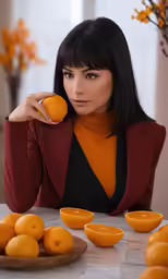 the woman has a group of oranges on the table
