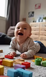 a baby laying on the floor next to many colorful blocks