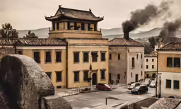 smoke billows from the roof of an old building