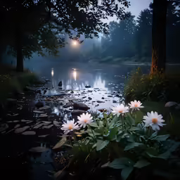 the reflection of lights in the water reflects on a puddle with flowers