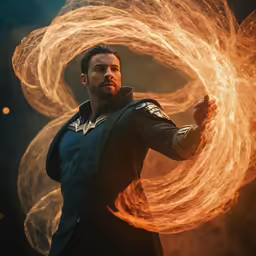 a man holding an orange fire circle