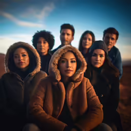 four people in hooded clothing sitting on a hill