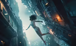 a woman in a white bathing suit is standing in a narrow city area