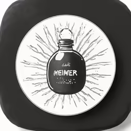 a round pillow with a bottle of alcohol on it