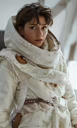 a young woman wearing a white jacket, white scarf and boots