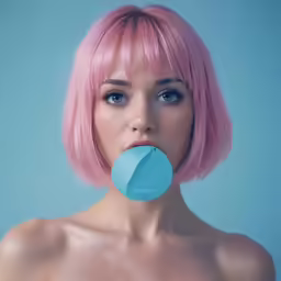 woman with pale pink hair and big blue bubble behind her