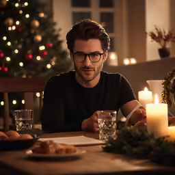 man in glasses sitting at a dinner table with a lit candle