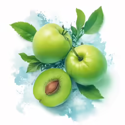 green apples with leaves on a white background