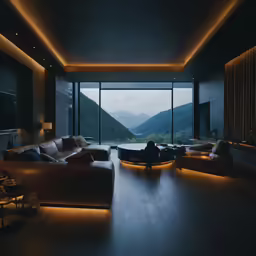 large room with a couple of couches and a big window