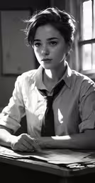 a woman in a tie is posing for a picture,a woman in dress shirt and tie sitting at a table