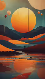 an oil painting of different types of clouds with people standing on a beach,a painting depicting an evening scene with orange lights and balloons