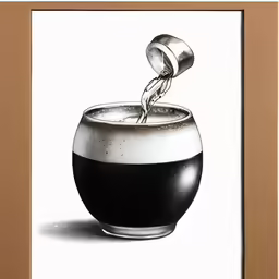 a framed print of a beer is pouring into a glass