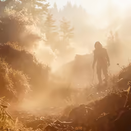 man hiking through tall grass on a foggy day