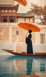 woman in black coat and hat on small boat under orange umbrella