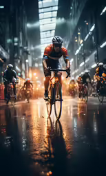 the cyclist is wearing orange and white riding in the dark