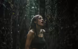 a woman with long hair standing in a forest