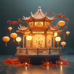 a miniature asian - styled pagoda sits on a dark surface surrounded by white lanterns
