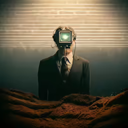 a man wearing a suit with headphones and a television