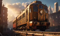a train engine with multiple cars passing through a city,an old train that is sitting on the tracks