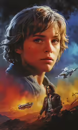 a girl standing on a mountain with a spaceship and two men in the background
