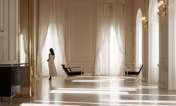 a woman in an elegant white gown standing in the sunlight