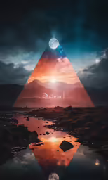 a triangle with the moon reflecting in a water with rocks