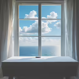 a window with white curtains in the middle and ocean view