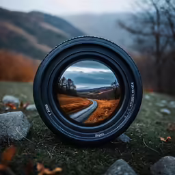 a fisheye lens with a road in the reflection