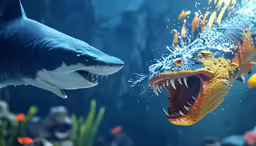 two large sharks in the water with their mouths open
