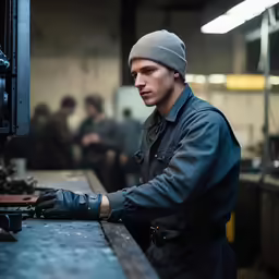 a man in a factory is wearing gloves