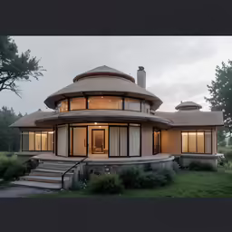 a circular house sits on grass at dusk