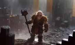 a man with a horned body holding an odd looking axe