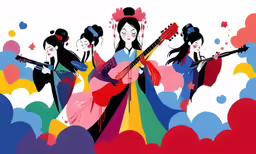 women playing music with guitar and violin in the sky