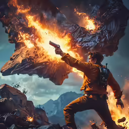 man holding a gun in front of a large object with flames