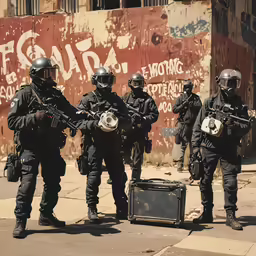 police wearing face masks, holding guns and helmets