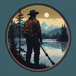 the lone hunter looks out over a mountain lake,a man is standing by a lake holding a long pole
