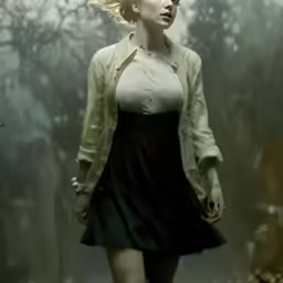 the young woman is walking in the woods holding a knife