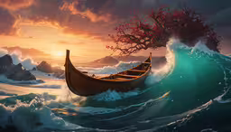a painting of a boat on waves near a tree,a painting of a boat in the ocean