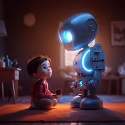 a little boy and an adorable blue robot standing by each other in a room
