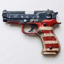 a red white and black gun is on the floor