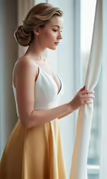 a young woman is opening the curtain