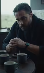 a man sitting at a table in front of three cups and saucers