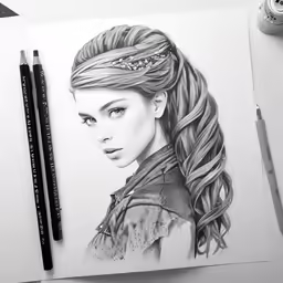 the image shows a pencil drawing of a girl with long hair